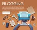 Blogging concept. Writing story book and blog articles. Writer journalist copywriter type on laptop vector illustration Royalty Free Stock Photo