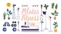 Blogging Equipment For Fitness And Pilates Classes Isolated Icons Set. Camera, Tripod For Stability, Yoga Mat, Dumbbells Royalty Free Stock Photo