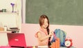 Blogging hobby. Study programming web design. Programming courses. Girl laptop computer. Little child using notebook Royalty Free Stock Photo