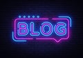 Blogging neon text vector design template. Blog neon logo, light banner design element colorful modern design trend
