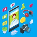 Blogging and social media content creation. Photo or video blog vector 3d isometric icons. Internet business concept