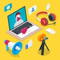 Blogging and social media content creation. Photo or video blog vector 3d isometric icons. Internet business concept