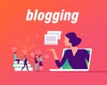 Woman blog concept with tiny people, laptop and social media review and feedback icons.