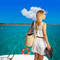 Bloind tourist in a beach wih basket and flip flops Royalty Free Stock Photo