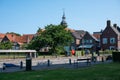 Blokzijl, Overijssel, The Netherlands, Landscape view over the village harbor and church tower