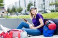 Blond backpacker woman traveling alone