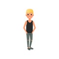 Blond boy in shirt and ripped jeans. Cartoon kid character
