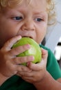 Blond boy is eating green apple