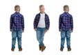 A blond boy in jeans and a plaid shirt is standing. Child age 6-7 years. Full height. Front and back view. Collage, set of images