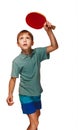 Blond boy playing table tennis forehand topspin