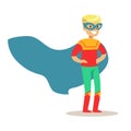 Blond Boy Pretending To Have Super Powers Dressed In Superhero Costume With Blue Cape And Mask Smiling Character Royalty Free Stock Photo