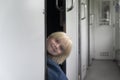 Blond boy in railroad car. Rules for traveling with children on the train Royalty Free Stock Photo