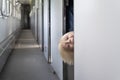 Blond boy in railroad car. Rules for traveling with children on the train Royalty Free Stock Photo