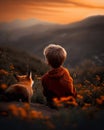 Wonderful scene on top of the mountain with a child and her pet at sunset