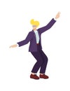 Blond businessman dancing excitedly in a stylish suit. Corporate celebration, office party, success concept vector