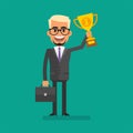 Blond businessman holding briefcase and holding golden cup