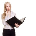 Blond businesswoman with black folder and pen