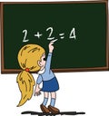 Blond cartoon girl making calculations on chalkboard vector illustration