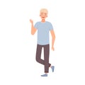 Blond Teenager Boy Stands Waving With Hand Flat Vector Illustration