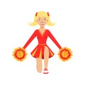 Blond cheerleader teenager girl dancing with red and yellow pompoms. Colorful cartoon character vector Illustration