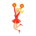 Blond cheerleader teenager girl jumping with red and yellow pompoms. Colorful cartoon character vector Illustration