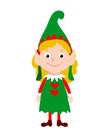 Blond elf girl in a green dress stands straight and smiles. Christmas vector character in cartoon style for a festive design of