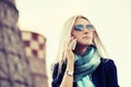 Blond fashion business woman calling on cell phone outdoor Royalty Free Stock Photo