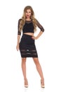Blond Fashion Model In Black Dress Royalty Free Stock Photo