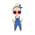 Blond Fashionable Girl Standing in Trendy Jumpsuit and Sunglasses Vector Illustration