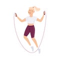 Blond Female in Sportswear at Gym Skipping or Jumping Rope Doing Physical Exercise and Workout Vector Illustration