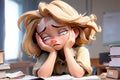 Blond Girl Bored During Studying At 19-8-2024 Royalty Free Stock Photo