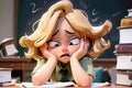 Blond Girl Bored During Studying At 19-8-2024 Royalty Free Stock Photo