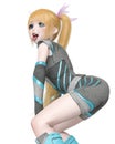 Blond girl is dancing a hip hop in a sporty outfit on kwaii anime style in white background close up