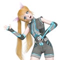 Blond girl is doing a robot dance in a sporty outfit on kwaii anime style in white background