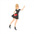 Blond Girl In Glasses And Pretty Black Dress Wearing High Heels And Catching Taxi, Part Of Women Different Lifestyles