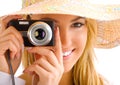 Blond girl portrait with camera Royalty Free Stock Photo