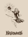 Blond girl with pumpkin flying on broom halloween illustration