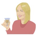 A blond girl in a red blouse smiling with white teeth and holding a glass of white wine in her hand vector illustration.