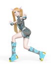 Blond girl in a super action pose wearing a sporty outfit on kwaii anime style in white background