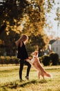 Blond girl train her dog border collie in green park in sunshine