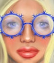 Blond girl in transparent glasses in the form of snowflakes in the style of digital oil painting