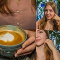 Blond hair female with cup of coffee in hands. Collage Set of Images Royalty Free Stock Photo