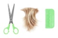 Blond hair lock, metal scissors, green plastic comb white background isolated close up, cut off blonde hair curl, shears, brush Royalty Free Stock Photo