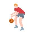 Male basketball player in a red t-shirt dribbling the ball by hand. Vector illustration in the flat cartoon style Royalty Free Stock Photo