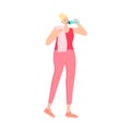 Fitness girl drinking water from the bottle after exercise. Vector illustration in cartoon style. Royalty Free Stock Photo