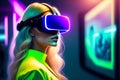 A blond haired model is wearing virtual reality goggles in front of a neon colored backgound.