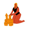 A blond-haired plump woman in black swimsuit building sandcastle on a beach. Vector illustration in flat cartoon style Royalty Free Stock Photo
