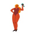 A blond-haired plump woman in a red swimsuit standing on a beach with a glass of wine. Vector illustration in flat