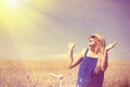 Blond happy girl wearing sunglasses excited with Royalty Free Stock Photo