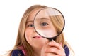 Blond indented girl with eye in magnifying glass